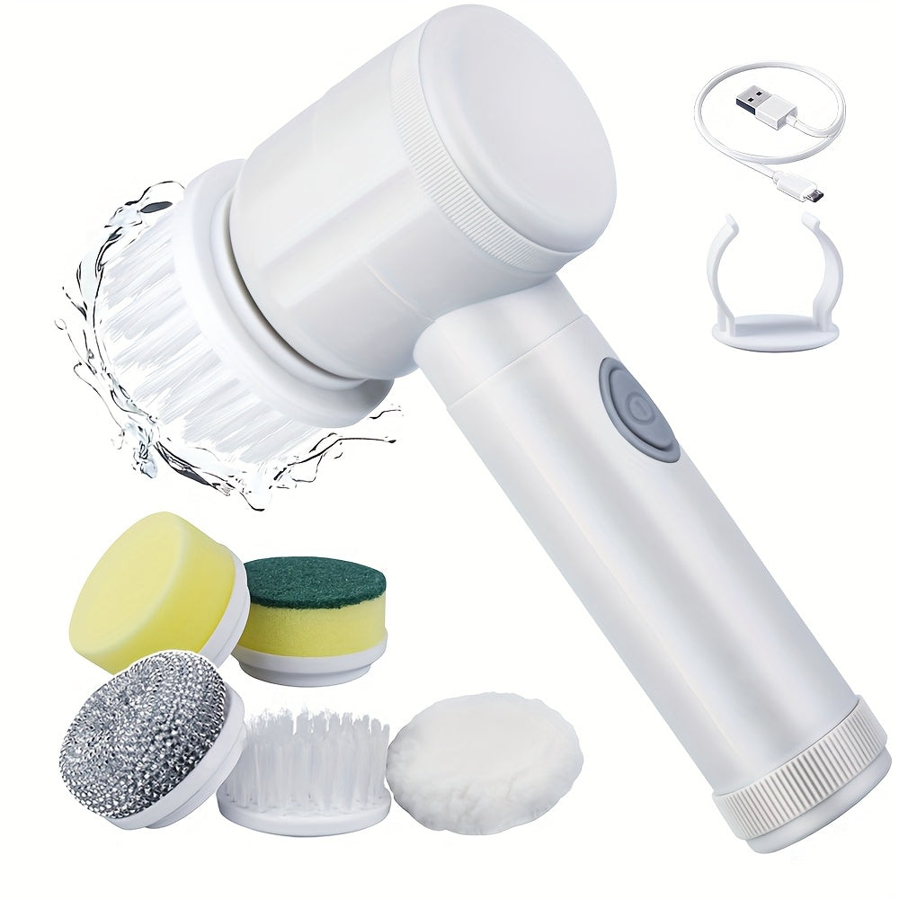 Electric Rotating Cleaning Brush with USB Rechargeable Battery Includes 5 Replaceable Attachments for Kitchen Bathroom Sink Shoes Tiles and Daily Household Chore