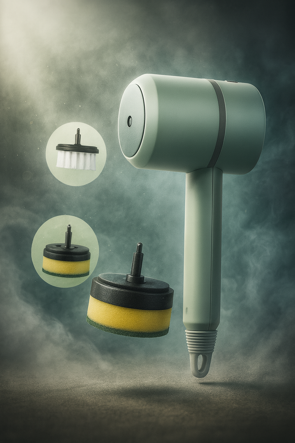 Green handheld tool with attachments on a dark background